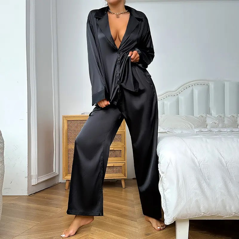 HILLARY SATIN PYJAMA SET | BLACK