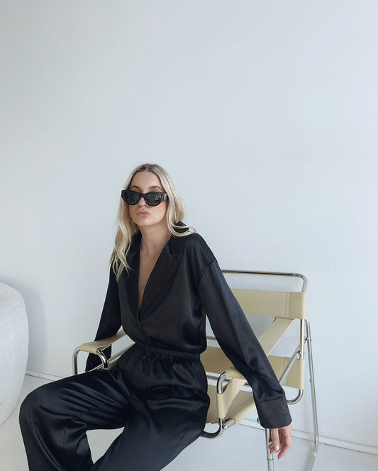 HILLARY SATIN PYJAMA SET | BLACK